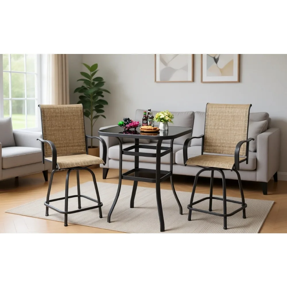 3-Piece Swivel Bar Set | High Top Outdoor Bar Table and Stools Chairs with Textilene Sling Fabric for Garden and Balcony