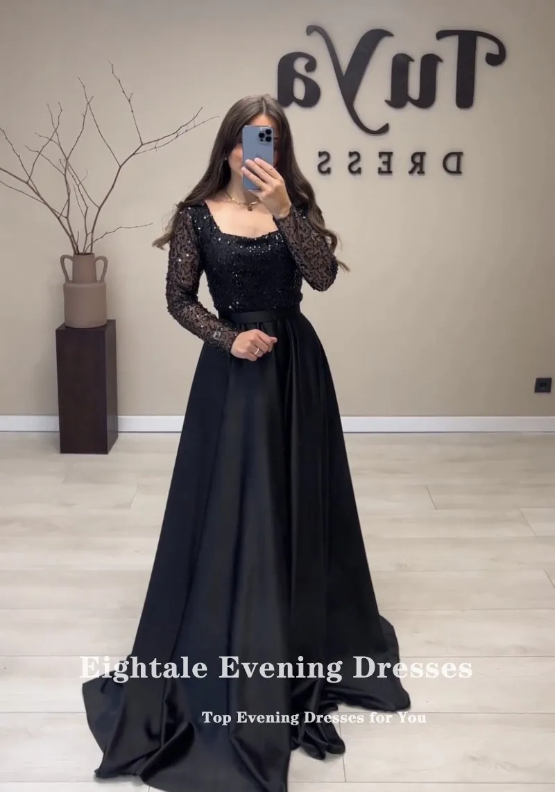 Eightale-Vestidos De Noche Vintage con cuello en V, satén, manga larga, cuentas De lentejuelas brillantes, personalizado, Vestido De Fiesta De graduación y boda