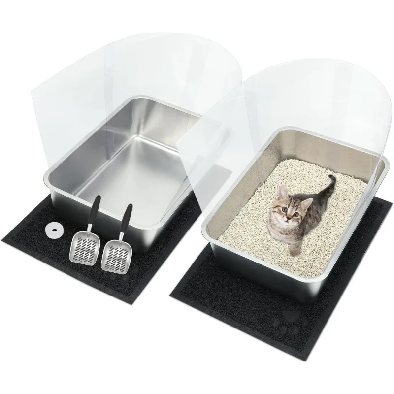 

2 SET Stainless Steel Litter Box，Rust Proof Metal Cat Litter Tray，Durable Kitten Box with 2 Cat Litter Scoop