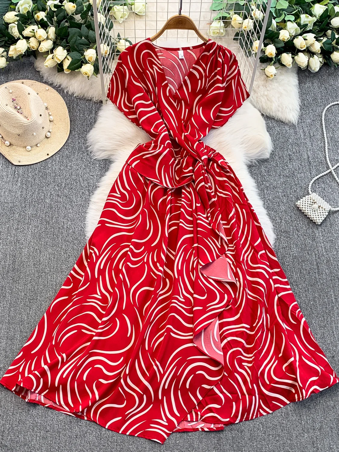 تنورة Ele Stripe Print V-Ne Dr للسيدات بتصميم حزام الخصر غير متماثلة طويلة Dr Commute Sle ort Sve على شكل حرف a