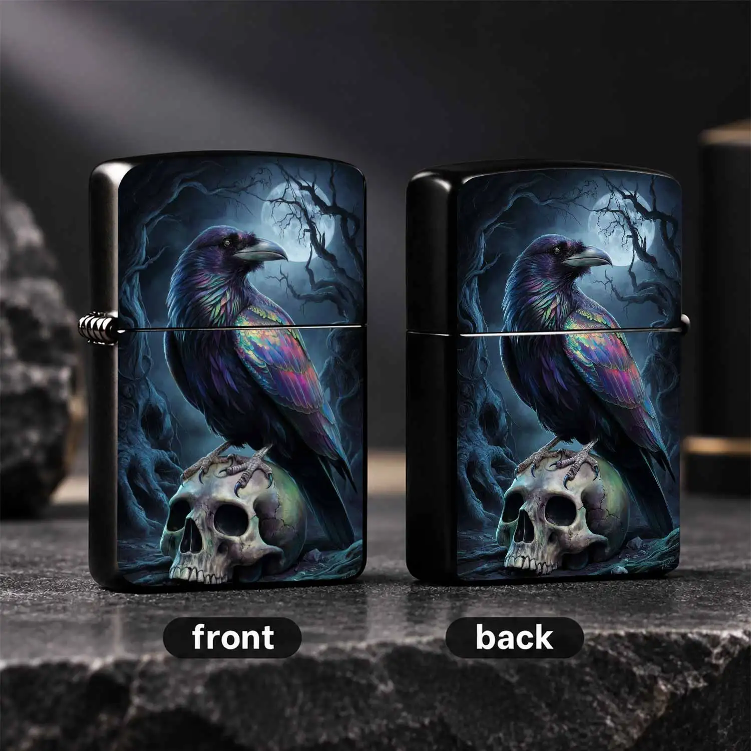 Creative Iridescent Raven Perched On Skull Lighter Spooky Full Moon Dead Forest Themed Portable Accessory For Daily Use Gifting Halloween Gothic Scene Decorative Present For Friends Family A Humorous And Interesting Lighter