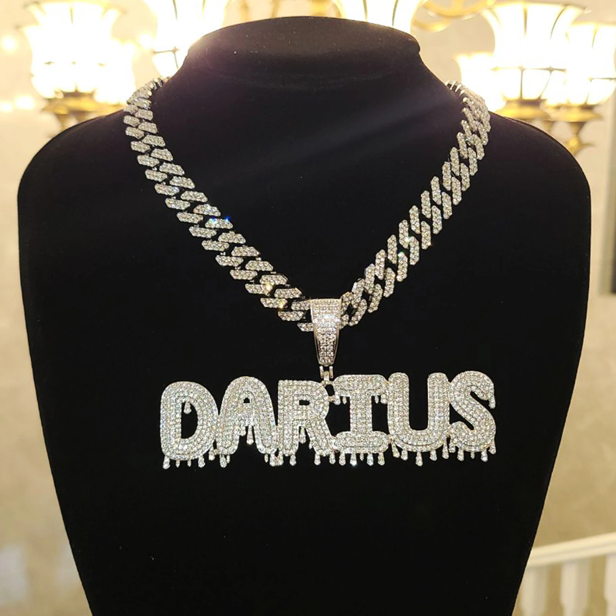 Personalized Drip Letters Pendant, Custom Nameplate with Bling Cuban Link, Name Chain, Prom Party Jewelry, Men&Women's Jewelry