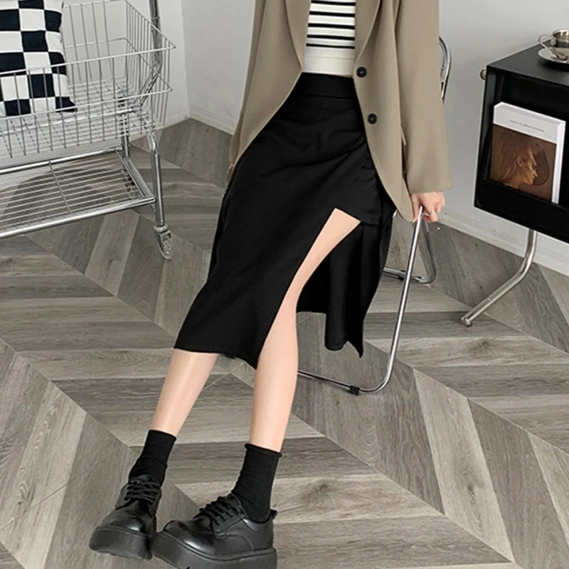 イレギュラー スリット ブラック スカート レディース 夏 ミドル丈 Aライン スカート ハイウエスト ヒップスカート