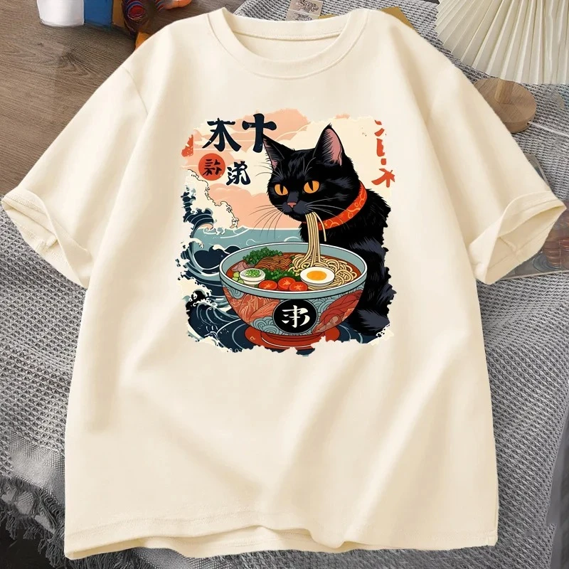 Kawaii Cat Anime Tshirt Ramen Japanese Funny Graphic Tee Kawaii Noodle Cat Tee Shirt Women Short Sleeve T-shirt Harajuku Clothes