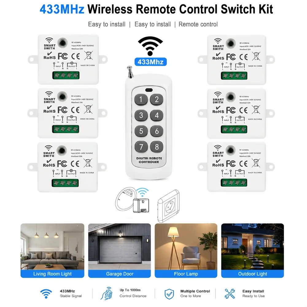 433Mhz RF Wireless Remote Control Light Switch 110V 220V 10A Mini Relay Module 1000m Range 8-in-1 Transmitter for Lamp LED Fan