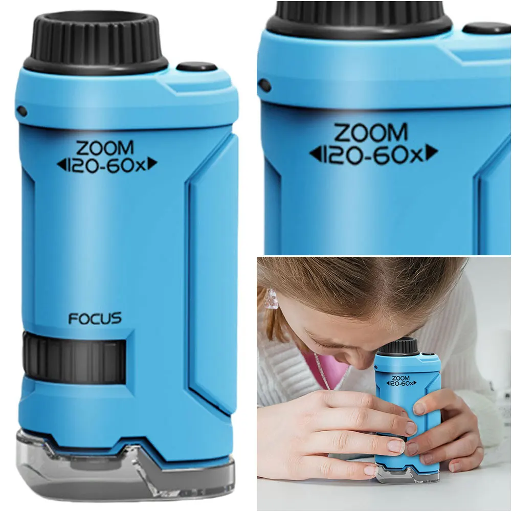 60-120x Portable Microscope with LED Light Handheld Microscope Little Scientist Microscope Science  for Kids