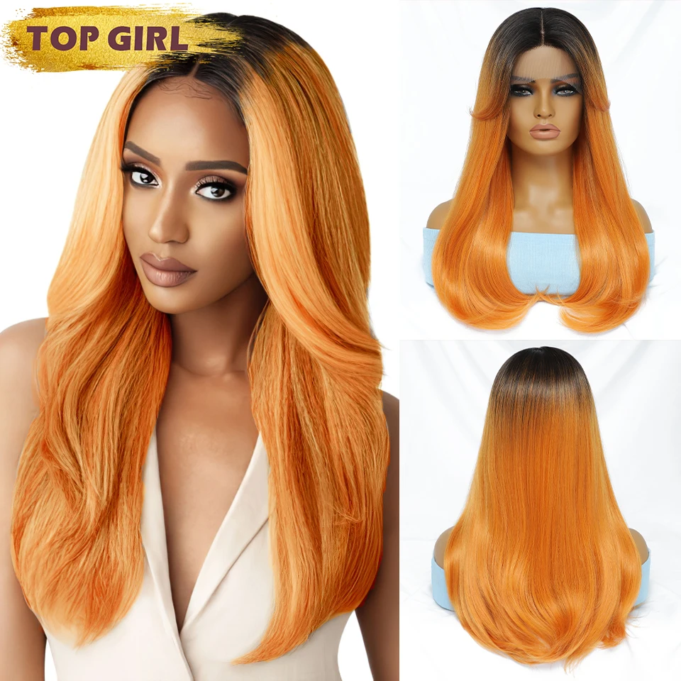 

Straight Front Lace Wig Synthetic Heat Resistant Fiber Hair 22Inch Pre-Plucked Hairline High Density Wig For Afro women