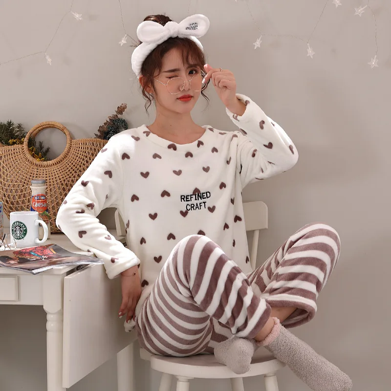 Flannel Pajama Sets Women Lovely Printed Long Sleeve Tops Full Length Pants Cozy Thicker Nightwear Students Leisure Lounge Chic