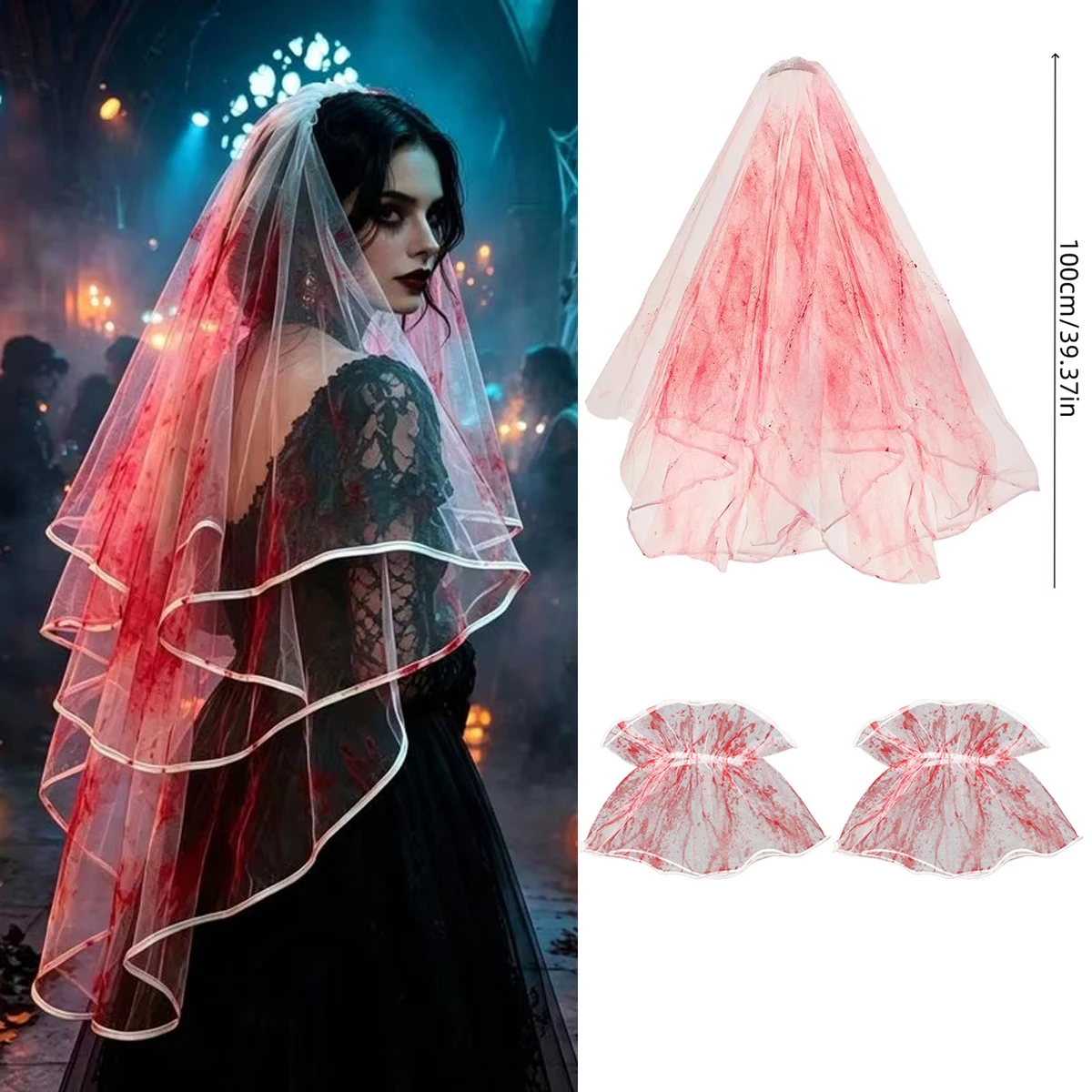 Halloween Bloody Veil & Wrist Cuffs 3Pcs Set, Horror Ghost Bride Cosplay Costume Accessories for Party Dress Up