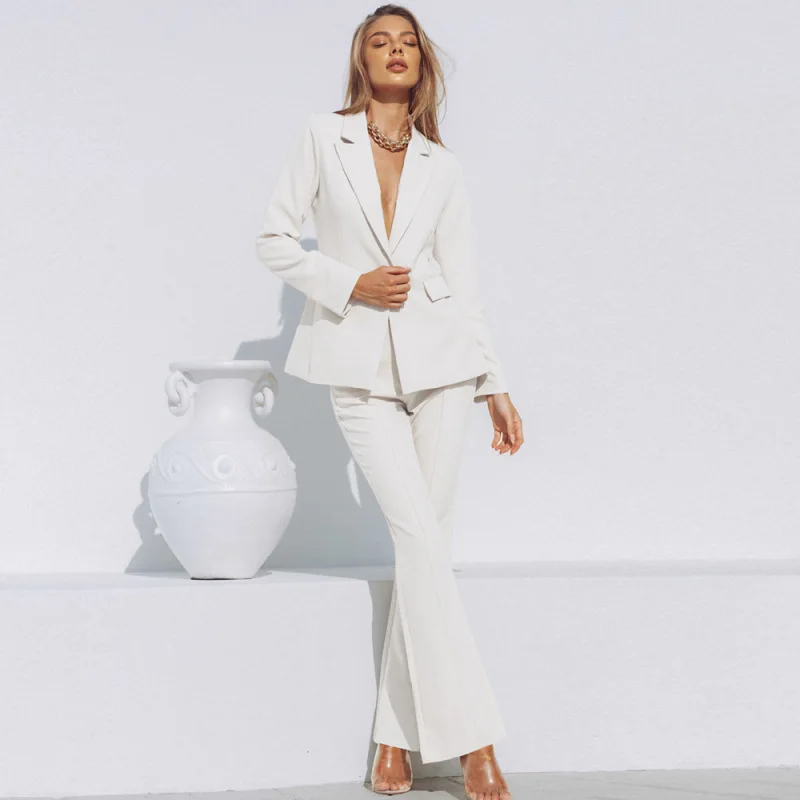 

Autumn Winter Women OL Blazers Pants 2 Pcs Work Clothing Set Office Lady Casual White Suit Jacket Flare Trousers Outfits 2022