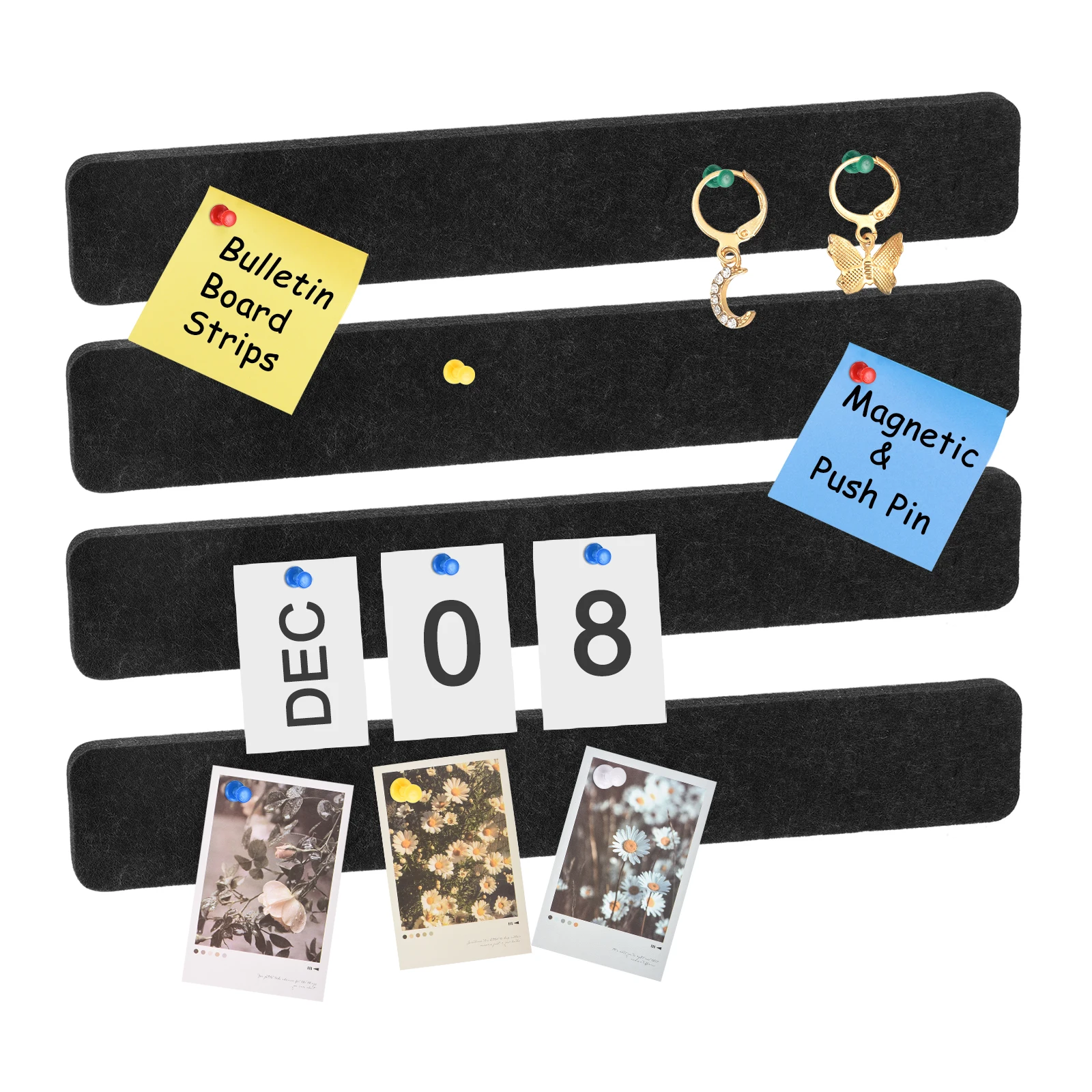 

4Pcs Felt Pin Board Bar Strips Bulletin Board Self-Adhesive Memo Notice Pin Cork Board with Pushpins for Notes Photos Schedules