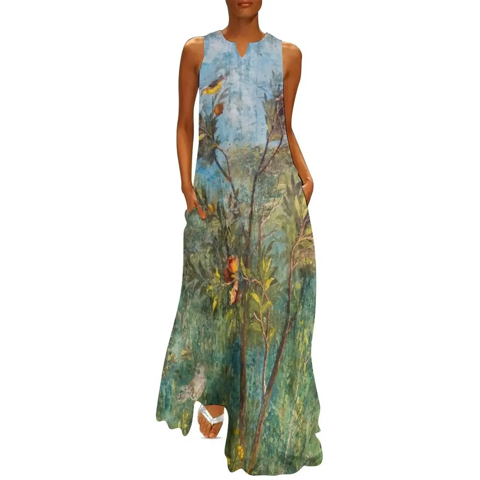 

Detail of the fresco painting from the Viridarium of the Villa of Livia in Rome Long Dress chic and elegant woman dress Dress