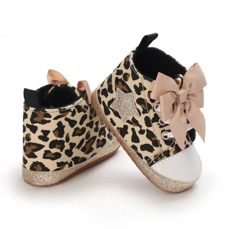 0-12M Neugeborene Baby Mädchen Jungen Schuhe Leopard Stern Gedruckt Bowknot Walking Weiche Sohlen Erste Walker Schuhe