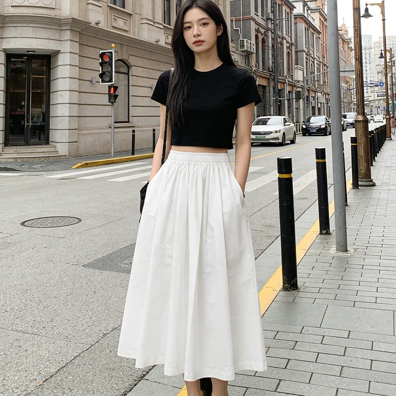 Korean Preppy Style Summer Women's Skirts  White High Waist A-line Long Skirts for Women Clothing Female Cargo Skirts Streetwear