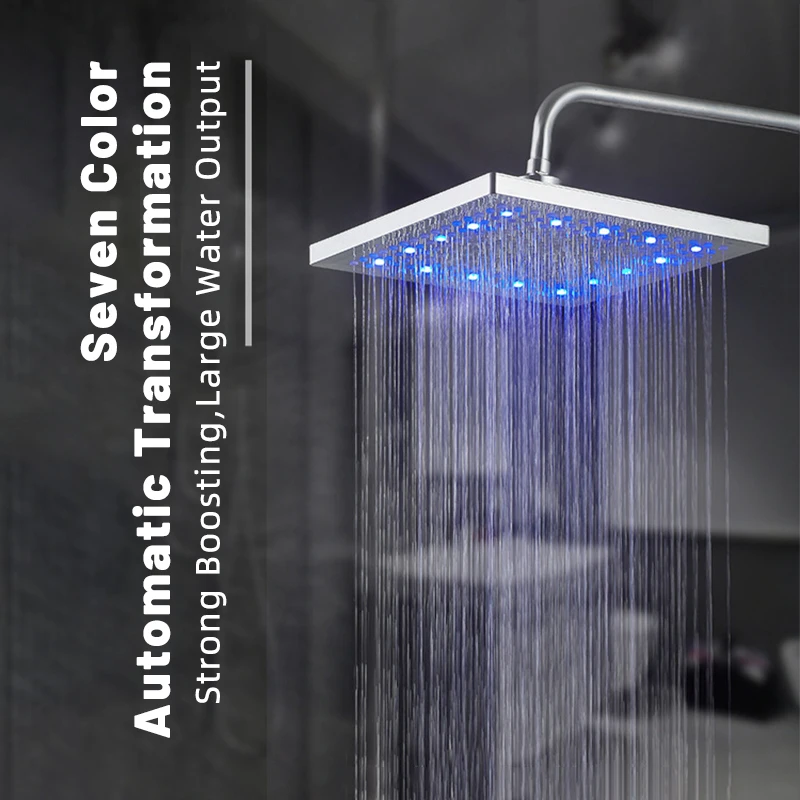 LED Top Rainfall Stainless Steel Shower Head 8 Inch Seven Colors Square Bath Water Temperature Ceiling Mounted LED Nozzle Shower