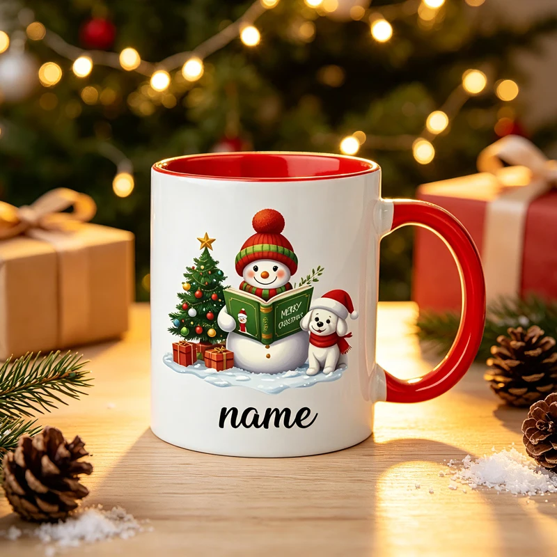 Customizable name mugs, Christmas-themed coffee mugs, snowman and puppy designs – perfect gifts for family.