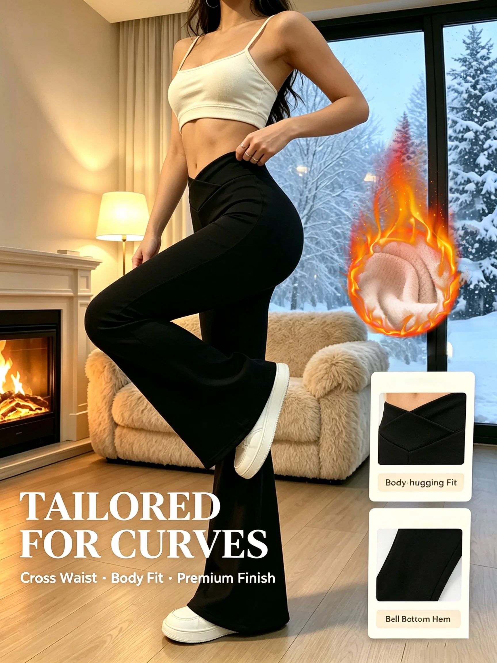 Ladies Cross Waist Plus Velvet Bell Bottoms, High Waist and Simple Abdomen, and Elastic Warm Pants for Raising Hips in Winter.