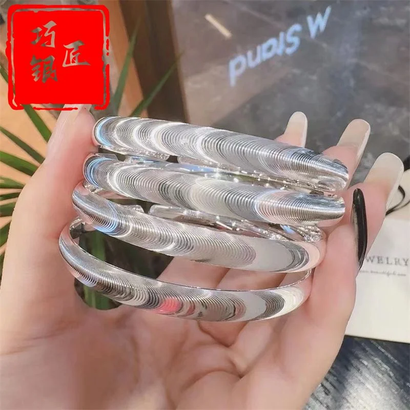 Advanced Explosive Flash Cat Eye Pure Silver 999 Bracelet Ripple Plain Ring Bracelet for Girlfriend Fashion Jewelry Gift