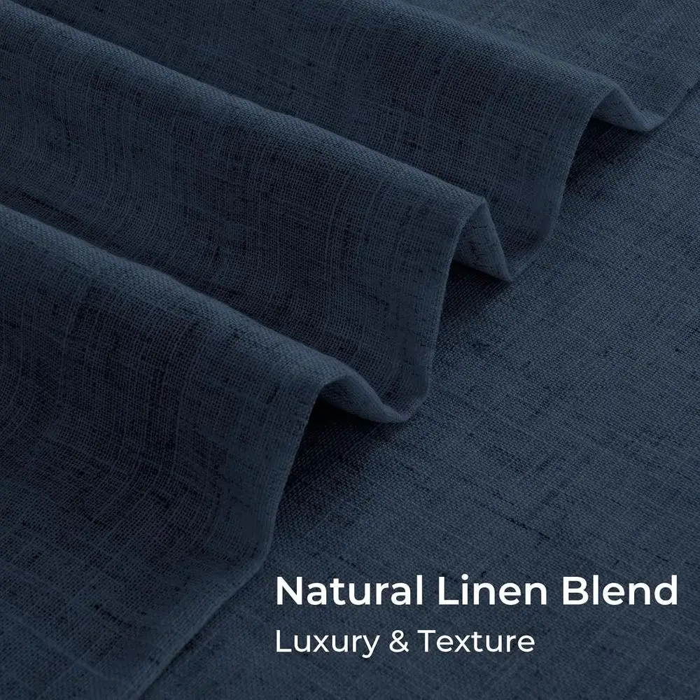 ネイビーブルー 40W x 90L リネン混紡遮光カーテン、フック20個付き、100%遮光、2枚セット、家庭用