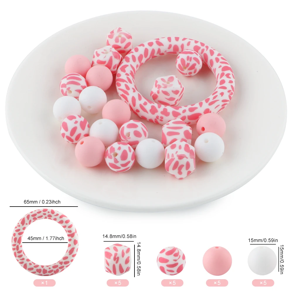 Loose Silicone Bead Set Round Silicone Ring Printed Hexagon Beads DIY Jewelry Accessories For Pendant Making