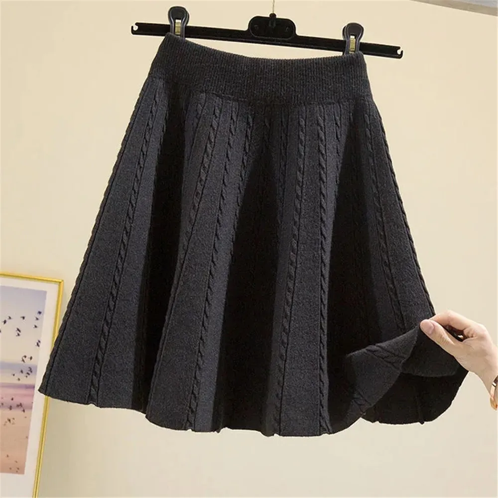 Winter Warm Knit Pleated Short Skirt Women Elastic High Waist Sweater Skirts Autumn Solid Elastic Knitting Ribbed Mini Skirt