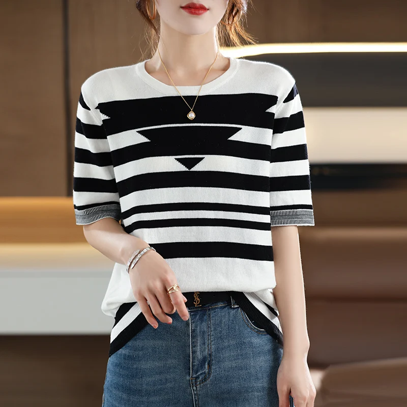 Women\'s T-shirt Spring/Summer 100% Cotton Knitwear Casual Striped Pullover Short Sleeve Round Neck Tees Loose Blouse