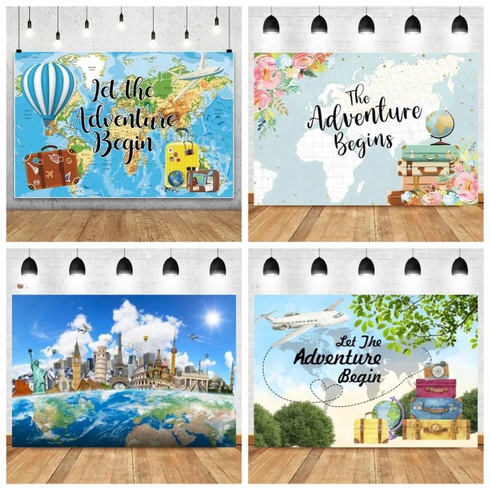 

World map adventure travel theme Backdrop, hot air balloon red plane, children's birthday party decoration photography Backdrop