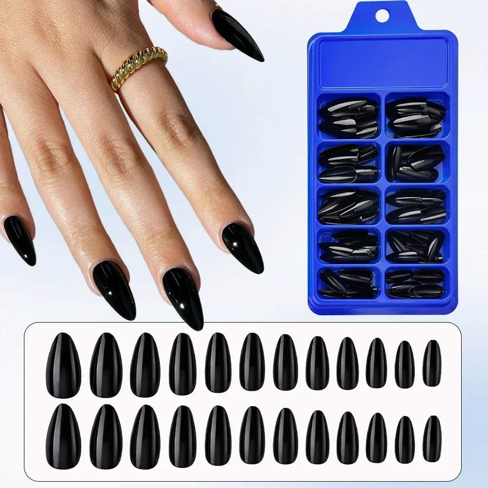 

100pcs Black Almond Fake Nail Mid-length Solid Color Artificial Nail Removable Press On Nails Tip Almond Nail Art False Nails