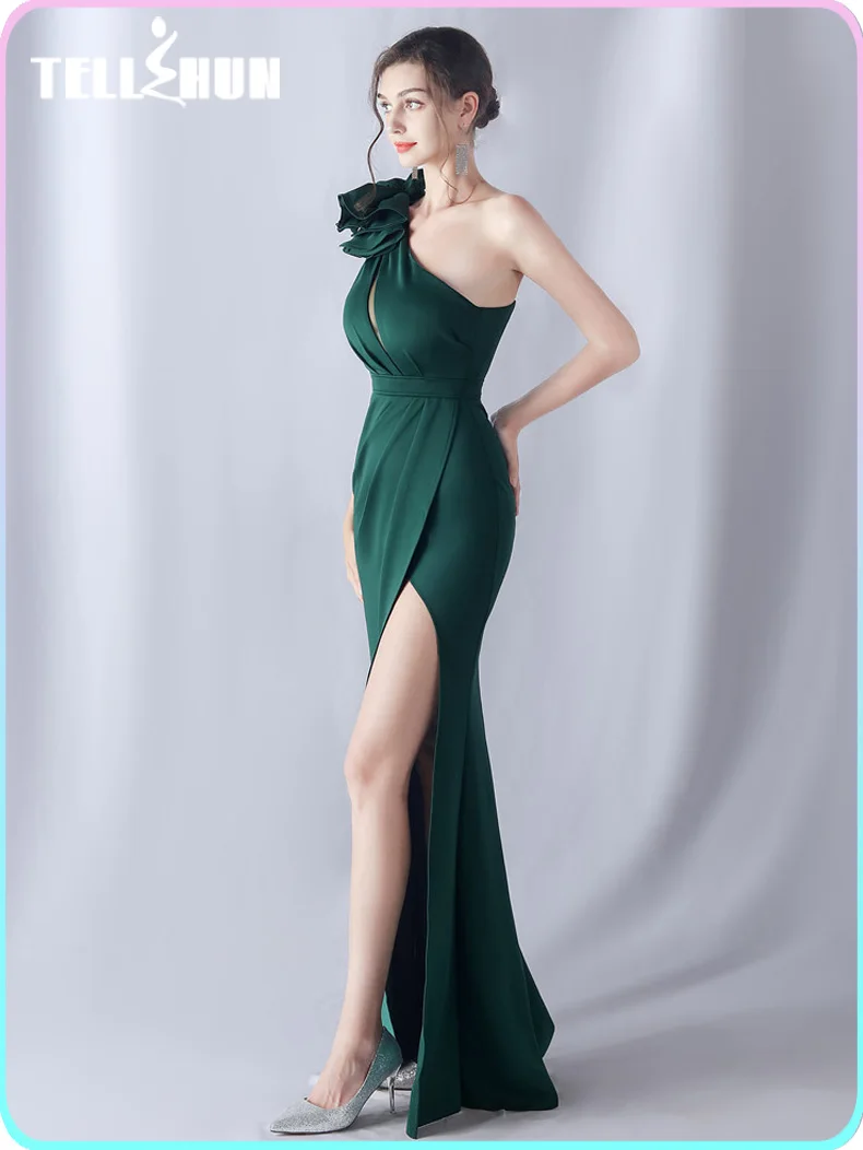 Sexy Mermaid Split Evening Dress Long Women's One Shoulder Soft Satin Party Maxi Dress with Beads Prom Dresses for wedding guest