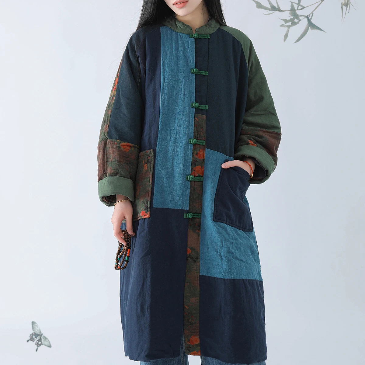 LZJN Winter Cotton Padded Coat With Color Contrasting Patchwork Fitting Large Pockets And In Chinese  With Medium Long Length