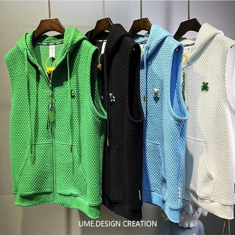 

Summer Plaid Print Men Drawstring Hooded Tank Tops Pocket Fashion Casual 2xl Oversized Zipper Vest Streetwear Black Blue Green