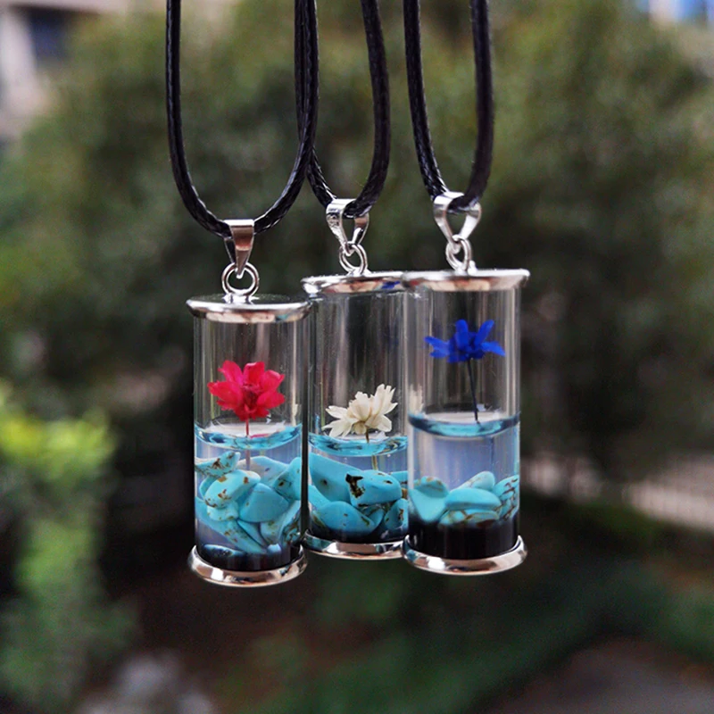 Natural Kallaite Crystal Crushed Stone Resin Oil Eternal Dry Flower Pendant Lucky Wish Glass Drift Bottle Necklace Couple Chain