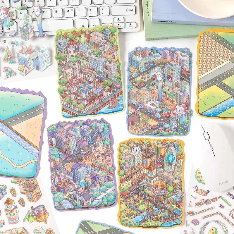

3-Sheet Cartoon City-Themed 3D Scene Stickers, Vivid Stereo Urban Scenes (Skyscrapers, Streets) for Hand Account & DIY Crafts