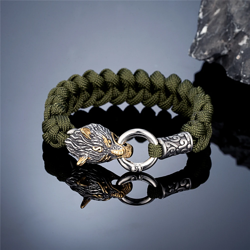 Retro Handcrafted Fenrir Wolf Bracelets Men Viking Stainless Steel Survival Paracord Rope Wristband Norse Mythology Male Jewelry