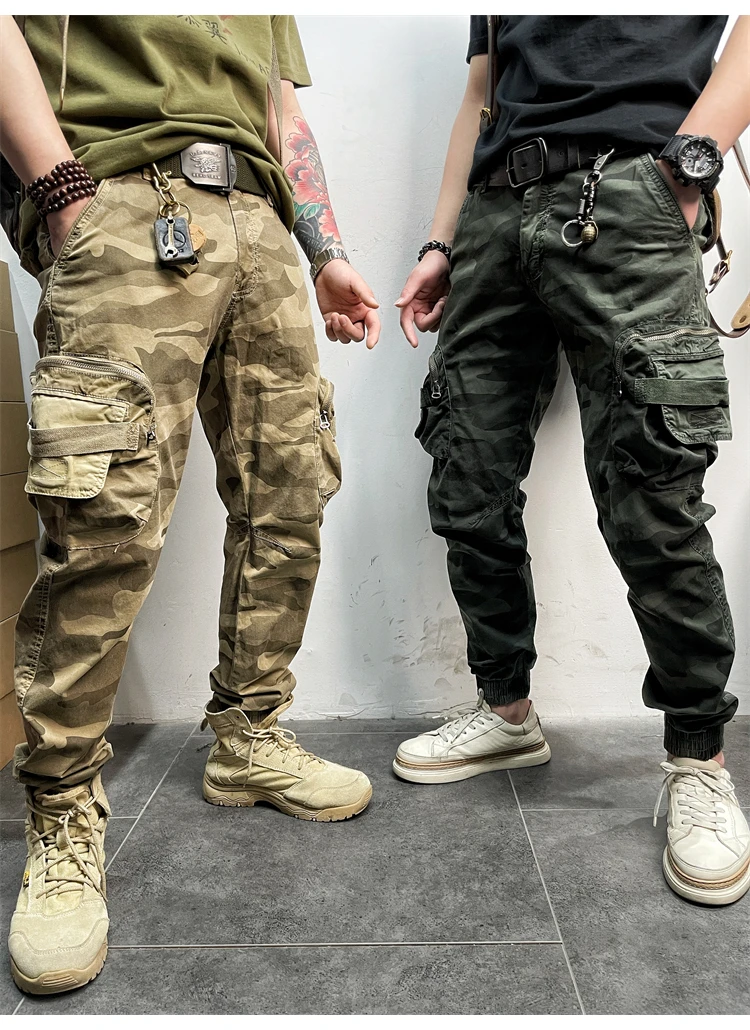 

Retro American Men's Slim Fit Camouflage Cotton Workwear Casual Pants with Big kets Waed Denim Loose Fit Cool Feeling