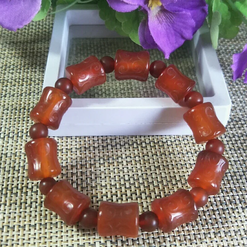 Natural Red Agate Fret Slub Rice Bead Jade Bracelet Jewellery Lucky Exorcise Evil Spirits Auspicious Amulet Fine Jade Jewelry