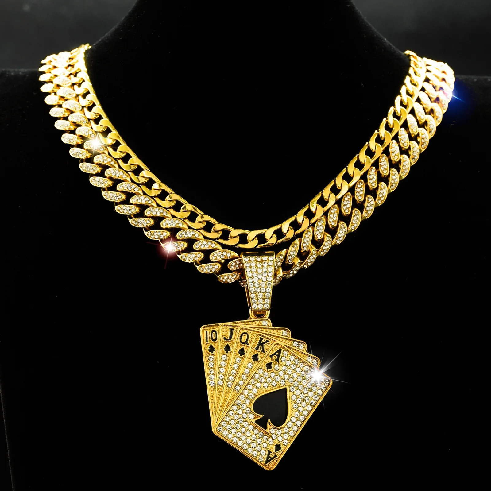 Fashion Double Layer Stacked Poker Card Pendant Necklace Full Diamond Hip Hop Cuban Link Chain Trendy Unisex Jewelry Gift for Me