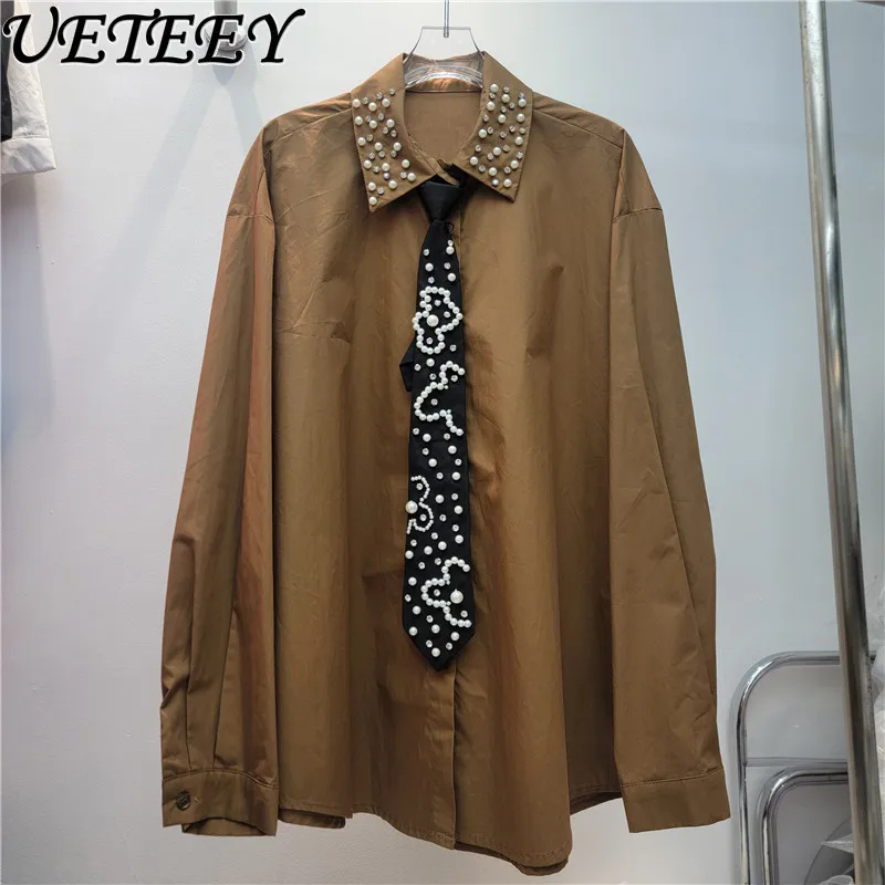 

Женская рубашка с завязками во французском стиле, украшенная стразами, весна 2026, свободные повседневные белые рубашки в западном стиле в западном стиле, топ