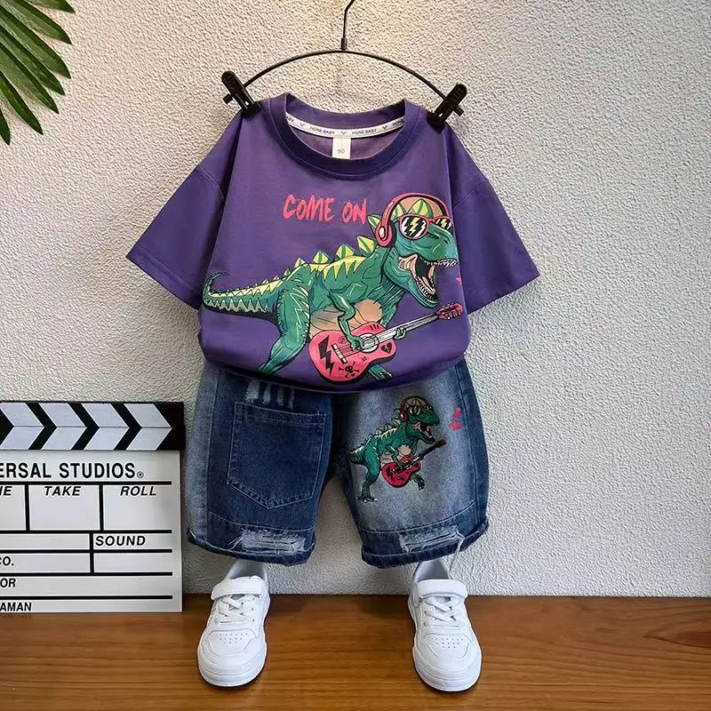 2-9 Children's Clothing Boys Summer Set Children's New Cartoon T-shirt  Cool and Handsome Denim Shorts Two-piece Set Fashionable