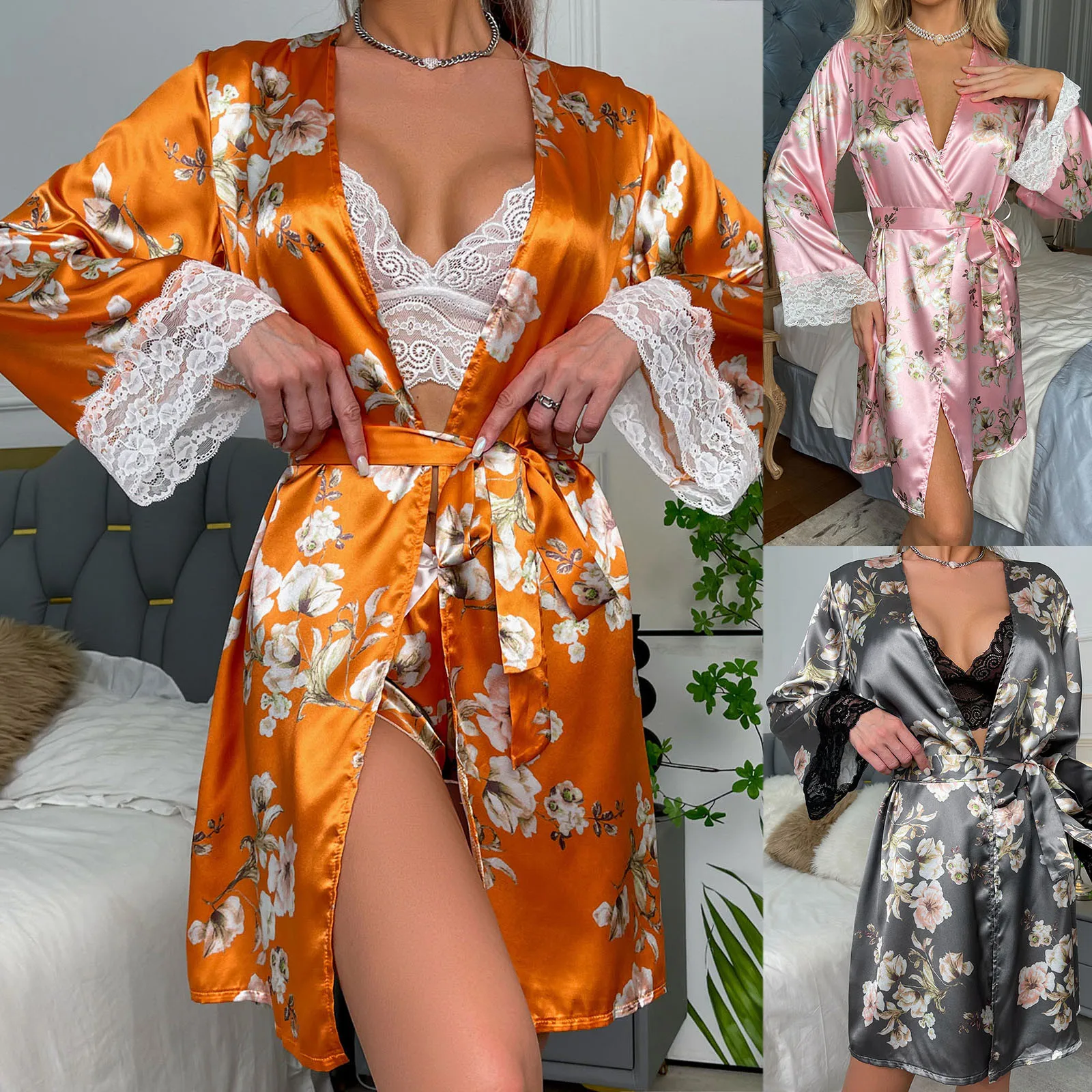 

Sexy Night Gown Floral Print Lady Sleepwear With Belt Lace Satin Short Pajamas Set Women's Lingerie Home Cardigan Nightwear