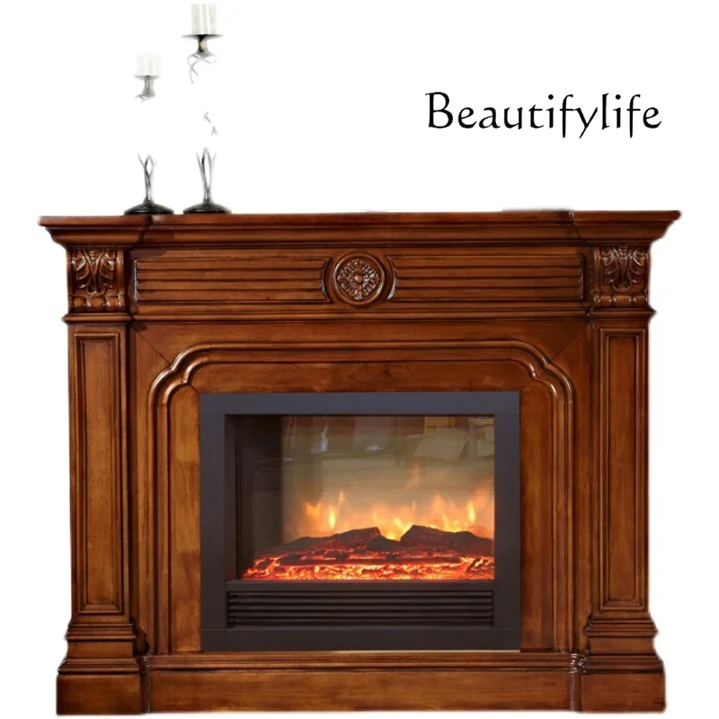 

American-Style Solid Wood Fireplace Curio Cabinet Villa Living Room Furniture Fireplace Fake Fire Heater Background Wall