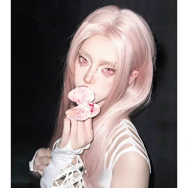 

Synthetic wig pink wig women's full head set style new mid split forehead lace long straight hair