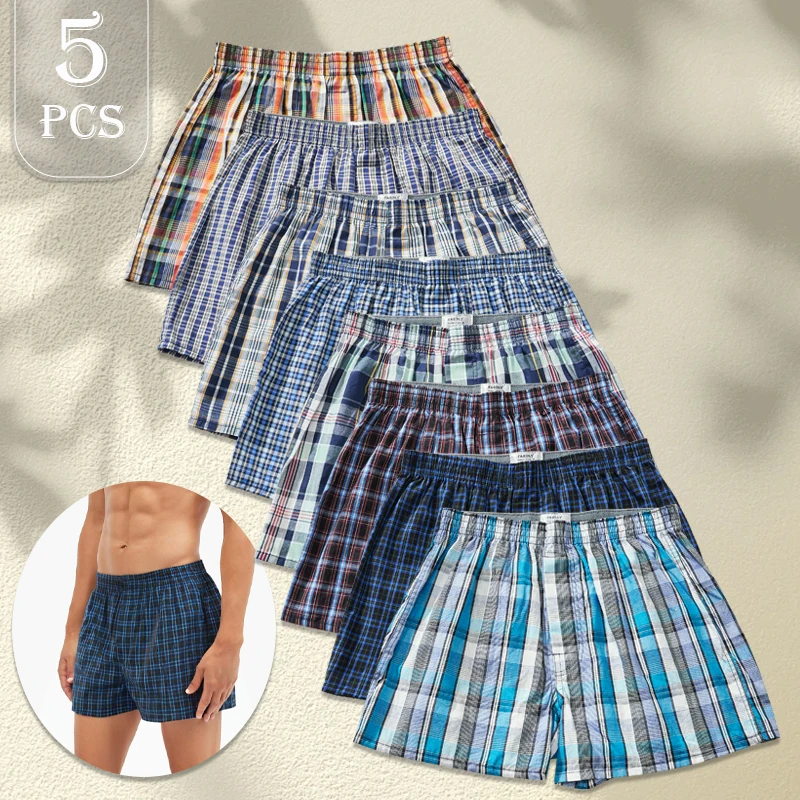 Mens Cotton Boxers Breathable Soft Comfortable Underpants Elastic Waistband Checkered Boxer Shorts Pants for Men Home Daily Wear