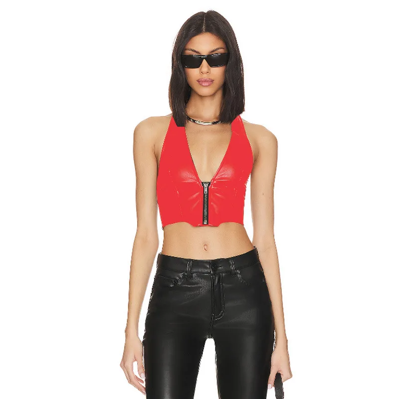 Ceco Sexy de Cuero PU con Cremallera, Top Corto sin Mangas con Espalda Descubierta, Moda Femenina Transfronteriza, Color S...