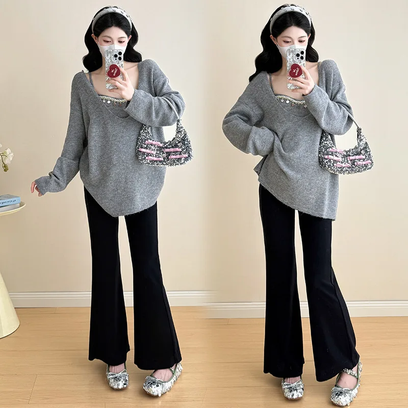 ملابس الأمومة القوس الرقبة محبوك سترة المرأة الخريف جديد تنوعا الأمومة الأعلى