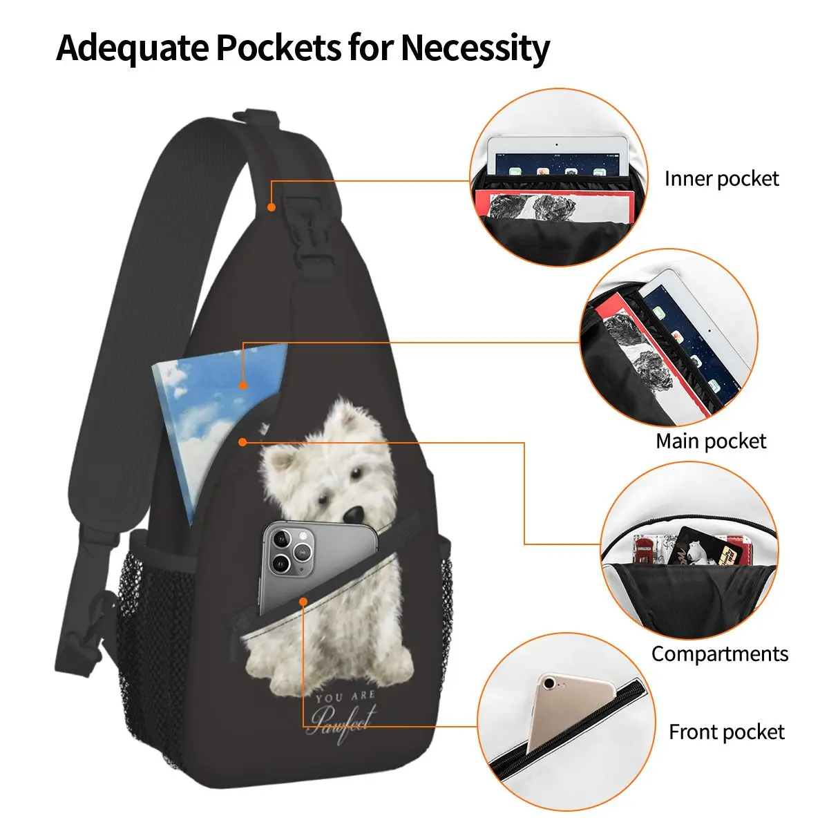 Westie West Highland Terrier pies torba typu Crossbody Sling Bag casualowa torba noszona na klatce piersiowej uroczy szczeniak plecak na ramię plecak wędrówki sportowe