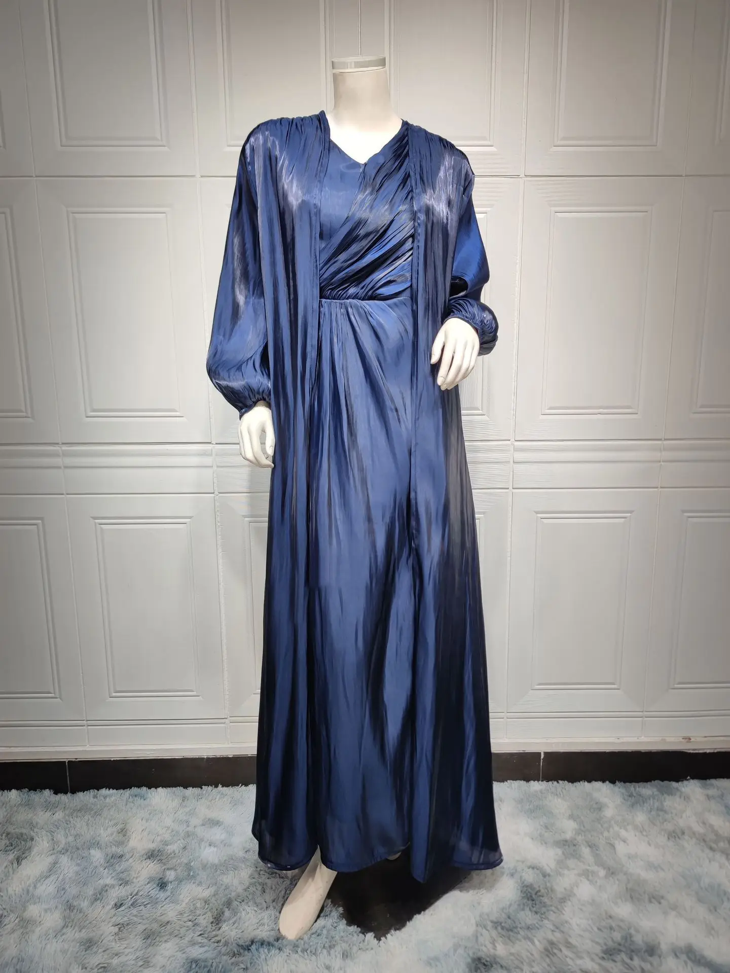 

Eid 2025 Dubai Luxury Shiny Satin Open Kimono Abaya 2 Piece Set Muslim Modest Kaftan Dresses Islam Clothing For Women Robe Femme