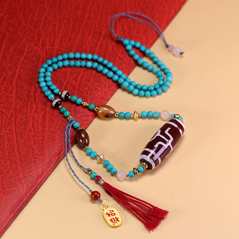 Natural Tibetan Genuine Raw Stone Old Mine Agate Nobleman Dzi Bead Turquoise Clavicle Necklace, approximately 15x40mm