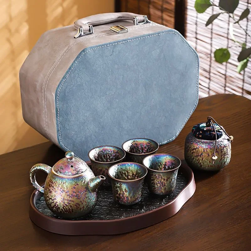 Colorful Kiln Changed Chinese Teapot Travel Tea Set, One Pot Four Cups, Retro Creative Kung Fu Tea Set for Car & Outdoor