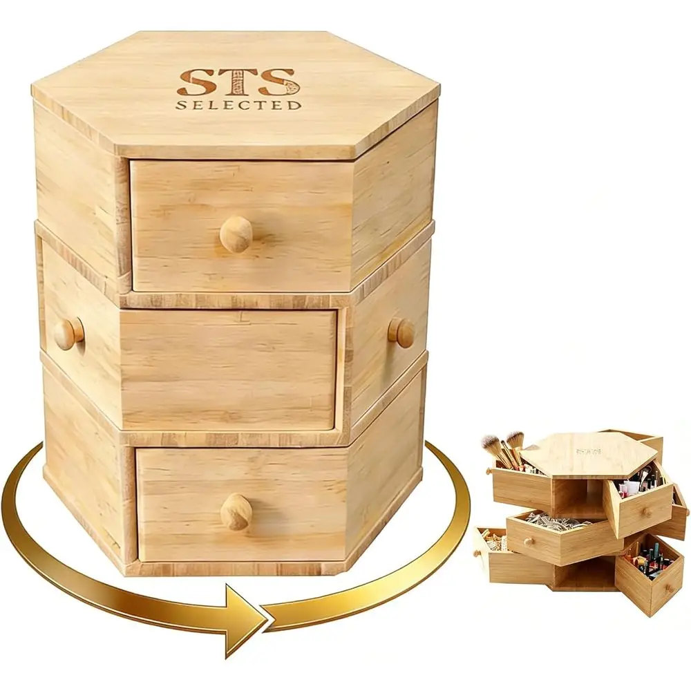 

Rotatable Bamboo Organizer: Large Capacity for Cosmetics, Makeup, and Serums - 4-Tier, Easy Setup